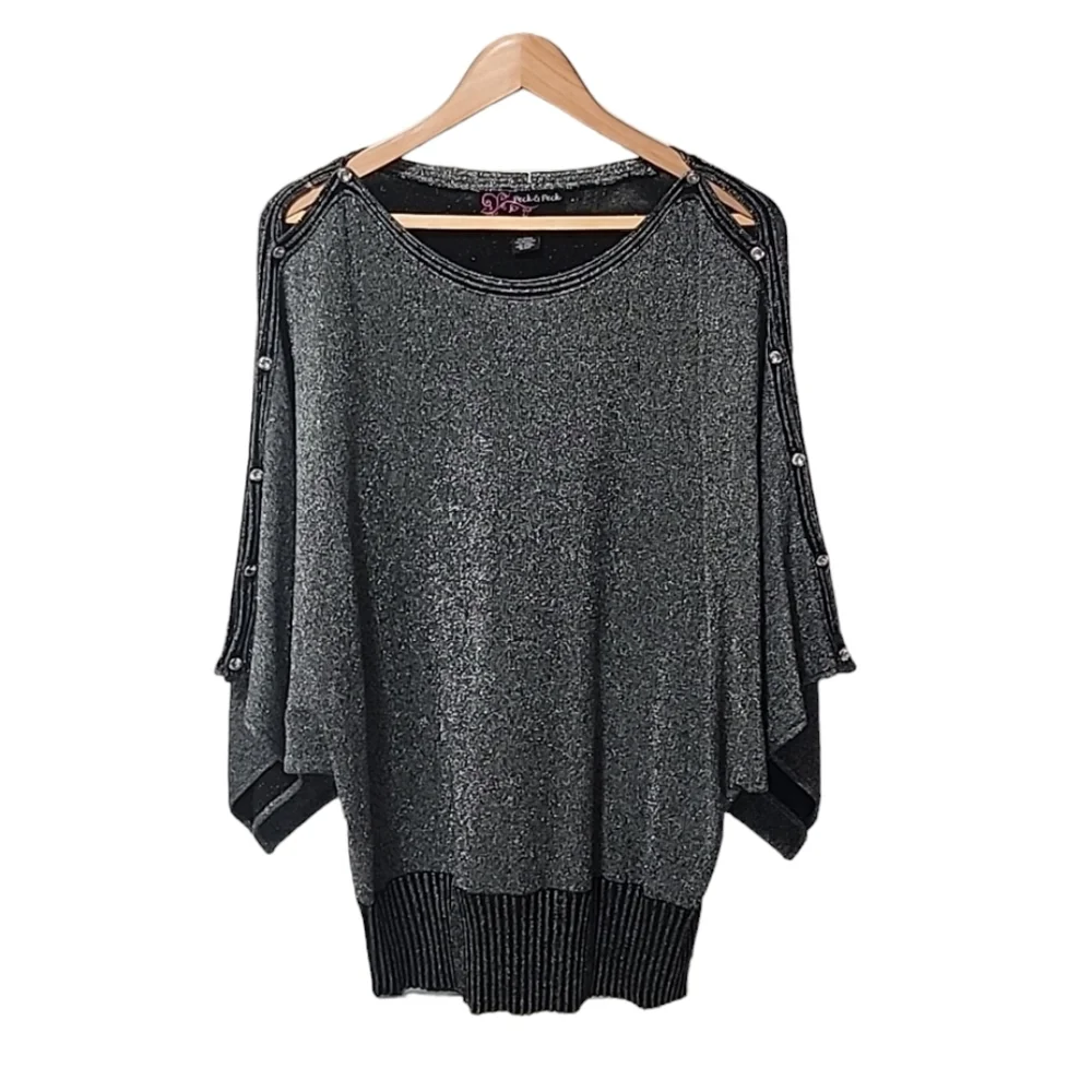 PECK & PECK Metallic Kimono Sleeve Blouse L Silver Batwing Retro 80s Shimmer Top
